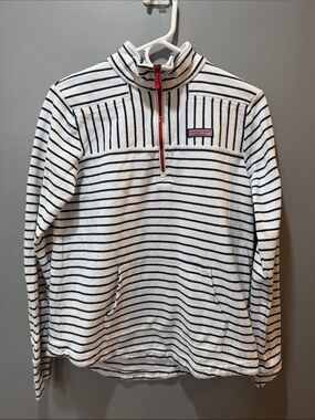 Vineyard Vines Shep Shirt White Navy Striped Quarter-Zip Pullover with Red Zip